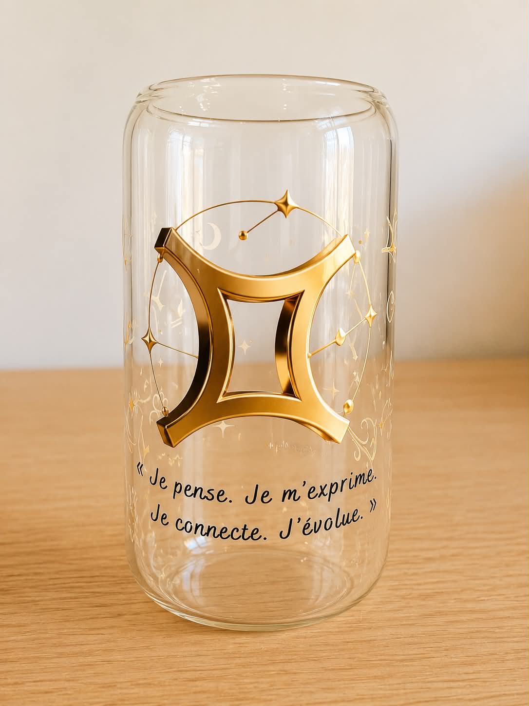 Verre Gémeaux - Je pense. Je m'exprime. Je connecte. J'évolue