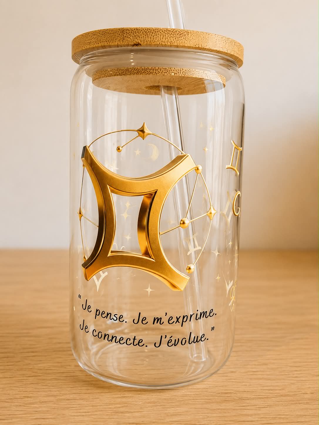 Verre Gémeaux - Je pense. Je m'exprime. Je connecte. J'évolue