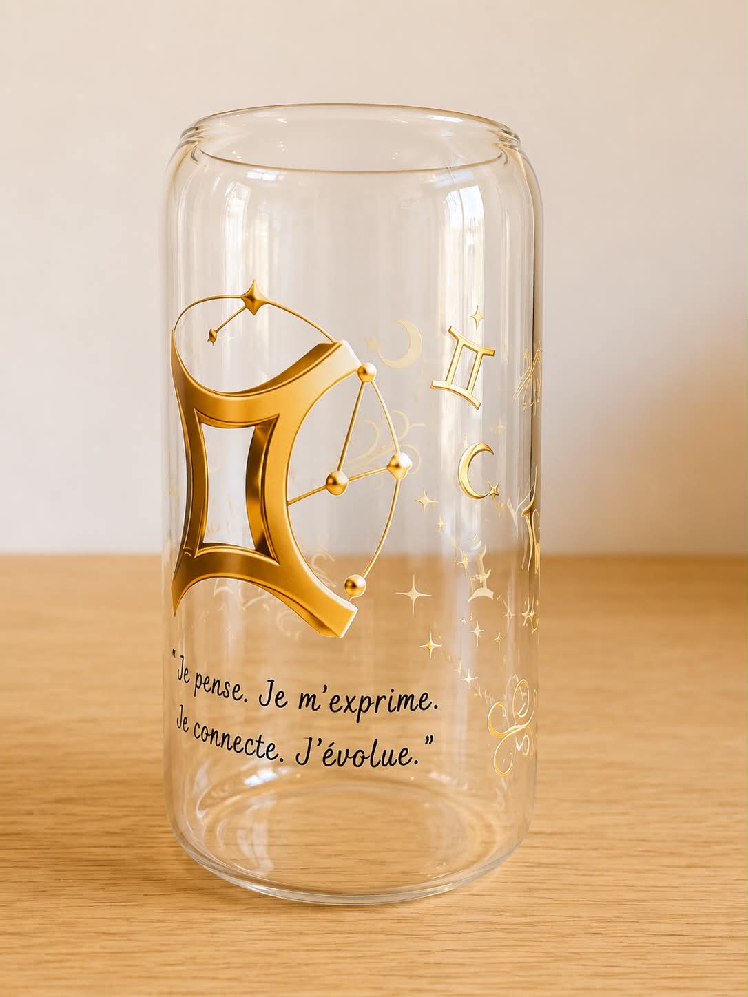 Verre Gémeaux - Je pense. Je m'exprime. Je connecte. J'évolue